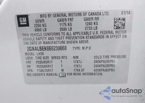 2014 Chevrolet Equinox 1Lt z USA, uszkodzony, nr VIN 2GNALBEK8E6239660